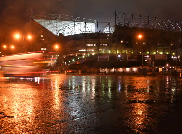<p>A general view of  the outside of St James' Park in the rain</p>