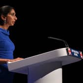 Britain’s Home Secretary Suella Braverman addresses delegates on the third day of the annual Conservative Party Conference. Credit: Getty Images