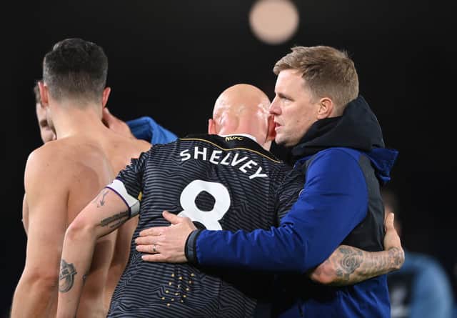Newcastle United midfielder Jonjo Shelvey and head coach Eddie Howe. (Photo by Stu Forster/Getty Images)