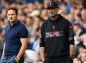 Frank Lampard and Jurgen Klopp look on during the Premier League match between Everton and Liverpool (Photo by Michael Regan/Getty Images)