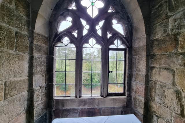 A window at the top of Langley Castle
