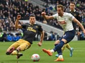 Tottenham Hotspur striker Harry Kane has this shot blocked by Newcastle United’s Fabian Schar (Photo by GLYN KIRK/AFP via Getty Images)