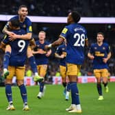 LONDON, ENGLAND - OCTOBER 23: Miguel Almiron celebrates with Callum Wilson of Newcastle United after scoring their team's second goal during the Premier League match between Tottenham Hotspur and Newcastle United at Tottenham Hotspur Stadium on October 23, 2022 in London, England. (Photo by Justin Setterfield/Getty Images)