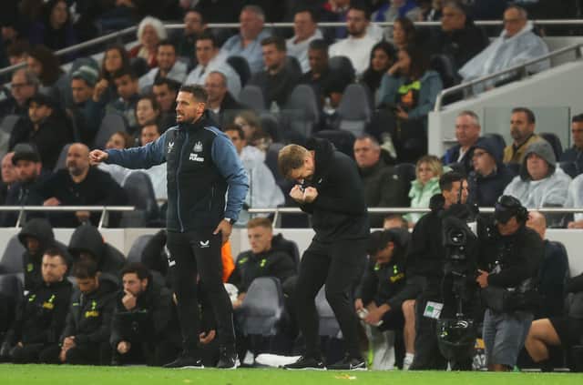 Newcastle United head coach Eddie Howe celebrates the win at Tottenham. (Photo by Julian Finney/Getty Images)
