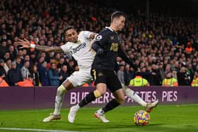 Raphinha challenges Javier Manquillo during Newcastle United’s 1-0 at Leeds United in January 2022 (Photo by Stu Forster/Getty Images)