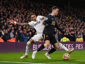 Raphinha challenges Javier Manquillo during Newcastle United’s 1-0 at Leeds United in January 2022 (Photo by Stu Forster/Getty Images)