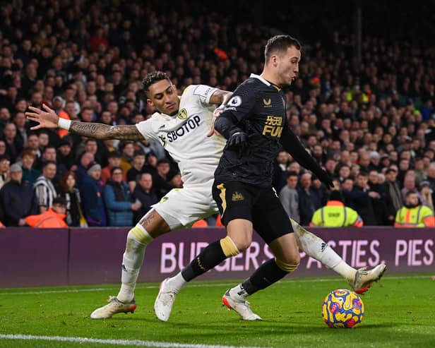 Raphinha challenges Javier Manquillo during Newcastle United’s 1-0 at Leeds United in January 2022 (Photo by Stu Forster/Getty Images)