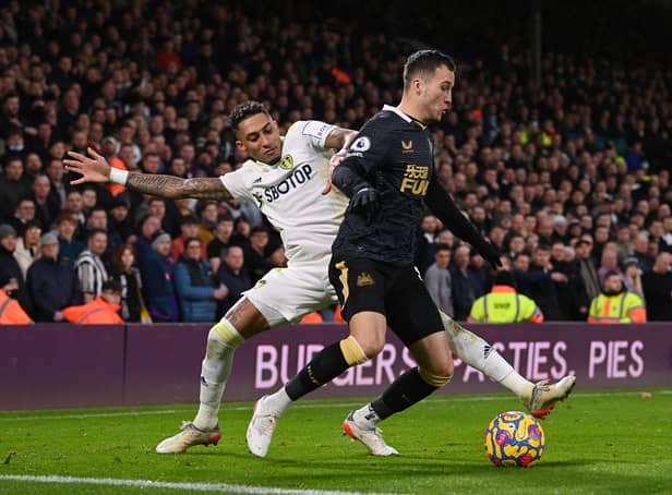 Raphinha challenges Javier Manquillo during Newcastle United’s 1-0 at Leeds United in January 2022 (Photo by Stu Forster/Getty Images)