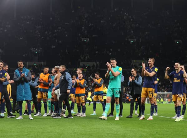 Newcastle United players celebrate last weekend’s 2-1 win at Tottenham. (Photo by Julian Finney/Getty Images)