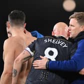 Newcastle United midfielder Jonjo Shelvey and head coach Eddie Howe. (Photo by Stu Forster/Getty Images)