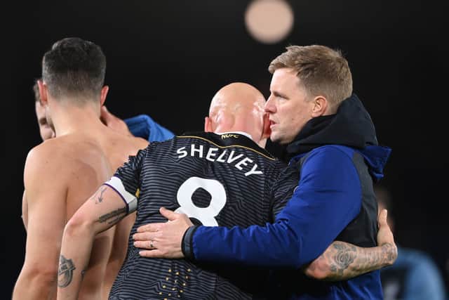 Newcastle United midfielder Jonjo Shelvey and head coach Eddie Howe. (Photo by Stu Forster/Getty Images)
