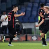 Gustav Isaksen of FC Midtjylland celebrates after scoring his side’s first goal during the UEFA Europa League group F match against Lazio (Photo by Paolo Bruno/Getty Images)
