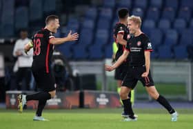 Gustav Isaksen of FC Midtjylland celebrates after scoring his side’s first goal during the UEFA Europa League group F match against Lazio (Photo by Paolo Bruno/Getty Images)