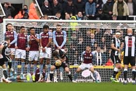 Newcastle full back Kieran Trippier scores the winning goal in the 1-0 victory against Aston Villa in February 2022 (Photo by Stu Forster/Getty Images)