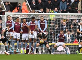 Newcastle full back Kieran Trippier scores the winning goal in the 1-0 victory against Aston Villa in February 2022 (Photo by Stu Forster/Getty Images)