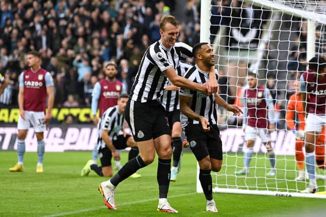 <p>Callum Wilson of Newcastle United celebrates after scoring their side’s second goal during the Premier League match between Newcastle United and Aston Villa at St. James Park on October 29, 2022 in Newcastle upon Tyne, England.</p>