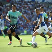 Leandro Trossard of Brighton & Hove Albion takes a shot under pressure from Fabian Schar of Newcastle United  (Photo by Steve Bardens/Getty Images)