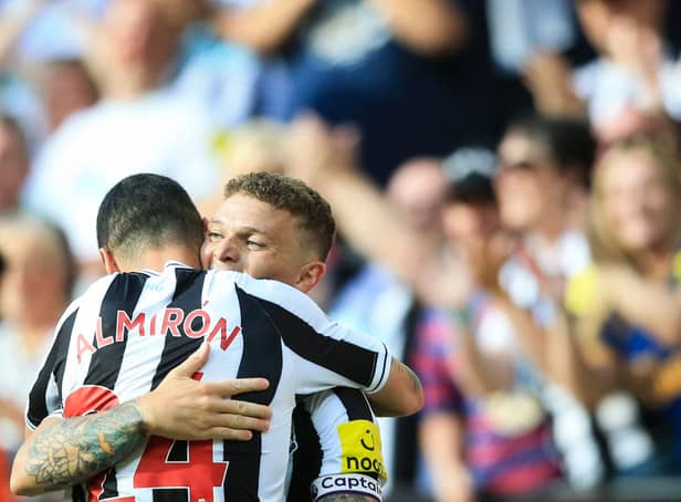 <p>Newcastle United duo Kieran Trippier and Miguel Almiron. (Photo by LINDSEY PARNABY/AFP via Getty Images)</p>