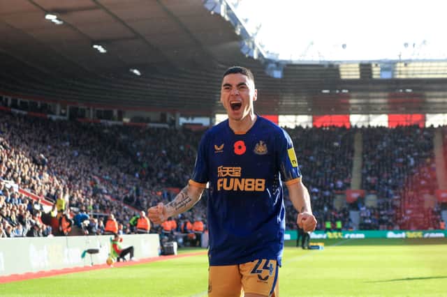 Miguel Almiron of Newcastle United celebrates after scoring their team’s first goal during the Premier League match between Southampton FC and Newcastle United at Friends Provident St. Mary’s Stadium on November 06, 2022 in Southampton, England.