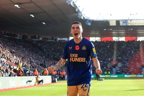 Miguel Almiron of Newcastle United celebrates after scoring their team’s first goal during the Premier League match between Southampton FC and Newcastle United at Friends Provident St. Mary’s Stadium on November 06, 2022 in Southampton, England.