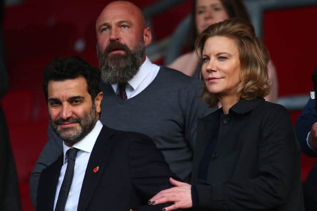 Newcastle United co-owners Amanda Staveley and Mehrdad Ghodoussi look on from the stands prior to the Premier League match between Southampton FC and Newcastle United at Friends Provident St. Mary’s Stadium on November 06, 2022 in Southampton, England. 