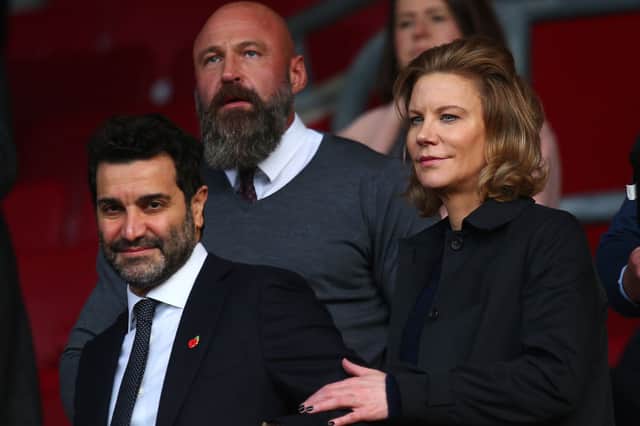 Newcastle United co-owners Amanda Staveley and Mehrdad Ghodoussi look on from the stands prior to the Premier League match between Southampton FC and Newcastle United at Friends Provident St. Mary’s Stadium on November 06, 2022 in Southampton, England.