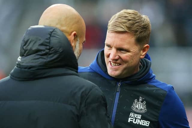 Newcastle United head coach Eddie Howe pictured alongside Pep Guardiola.  (Photo by Alex Livesey/Getty Images)