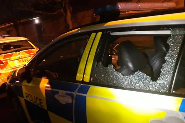 Damage to the police car as a result of the attack (Image: Northumbria Police)