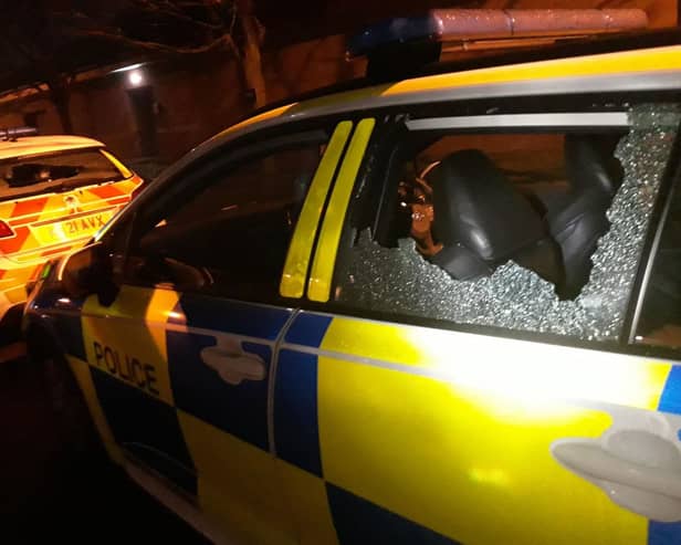 Damage to the police car as a result of the attack (Image: Northumbria Police)