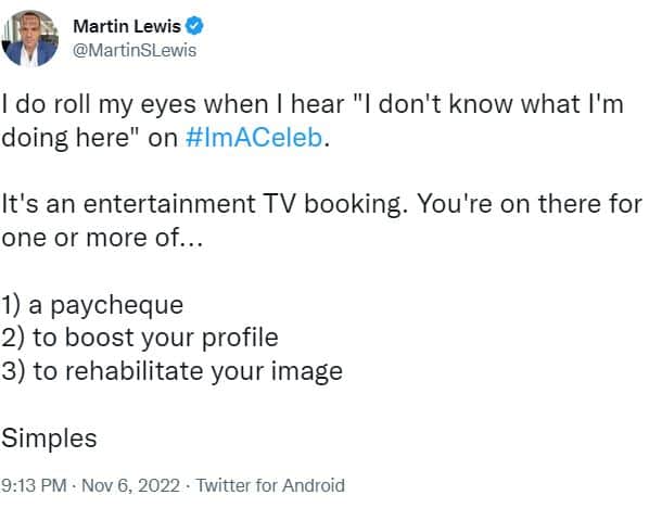 Martin Lewis has revealed his thoughts on the I’m A Celeb contestants (Twitter/ MartinSLewis)