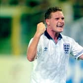 England player Paul Gascoigne celebrates after the 1990 FIFA World Cup Group match against Belgium  (Photo by Dave Cannon/Allsport/Getty Images/Hulton Archive)