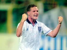 England player Paul Gascoigne celebrates after the 1990 FIFA World Cup Group match against Belgium  (Photo by Dave Cannon/Allsport/Getty Images/Hulton Archive)