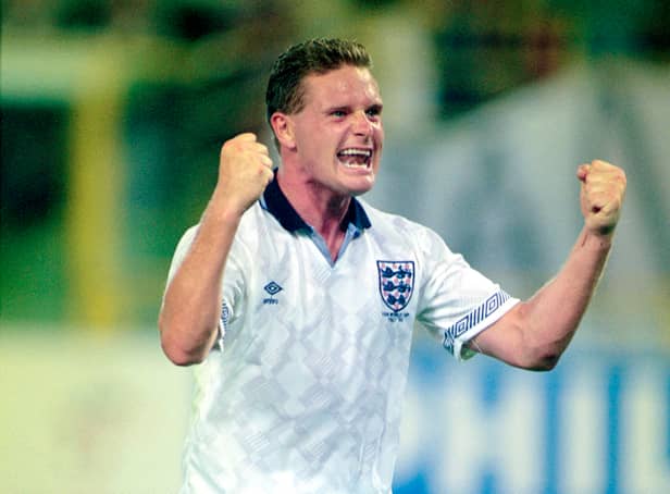 <p>England player Paul Gascoigne celebrates after the 1990 FIFA World Cup Group match against Belgium  (Photo by Dave Cannon/Allsport/Getty Images/Hulton Archive)</p>