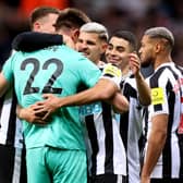 Nick Pope celebrates with his Newcastle United celebrates with team mates following their penalty shoot-out win in the Carabao Cup Third Round tie against Crystal Palace  (Photo by George Wood/Getty Images)