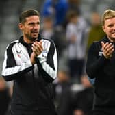 Newcastle United head coach Eddie Howe (right) and assistant Jason Tindall (left). (Photo by Stu Forster/Getty Images)