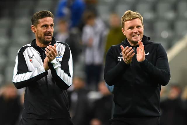Newcastle United head coach Eddie Howe (right) and assistant Jason Tindall (left). (Photo by Stu Forster/Getty Images)
