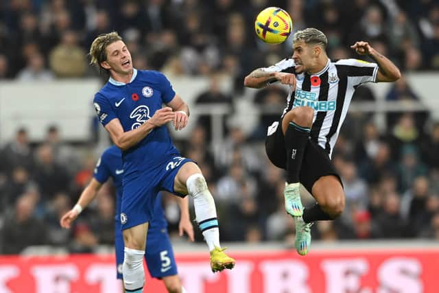 Chelsea midfielder Conor Gallagher and Newcastle United star Bruno Guimaraes. (Photo by Stu Forster/Getty Images)