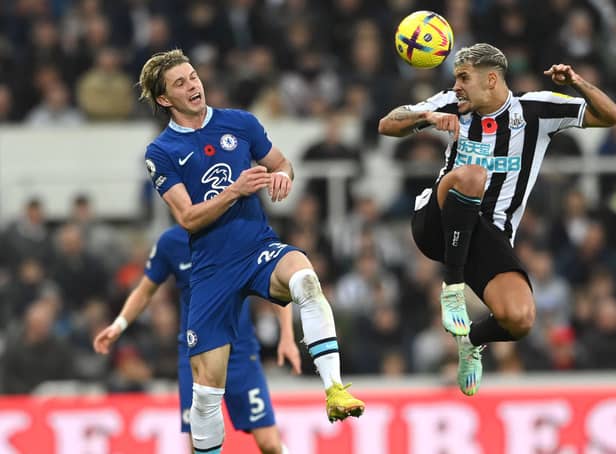 <p>Chelsea midfielder Conor Gallagher and Newcastle United star Bruno Guimaraes. (Photo by Stu Forster/Getty Images)</p>