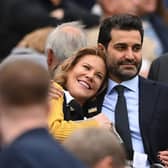 Newcastle United co-owners Amanda Staveley and husband Mehrdad Ghodoussi embrace as their Wedding anniversary is displayed on the big screen during the Premier League match between Newcastle United and Aston Villa at St. James Park on October 29, 2022 in Newcastle upon Tyne, England.