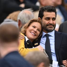Newcastle United co-owners Amanda Staveley and husband Mehrdad Ghodoussi embrace as their Wedding anniversary is displayed on the big screen during the Premier League match between Newcastle United and Aston Villa at St. James Park on October 29, 2022 in Newcastle upon Tyne, England.