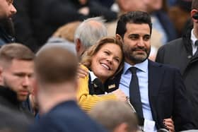 Newcastle United co-owners Amanda Staveley and husband Mehrdad Ghodoussi embrace as their Wedding anniversary is displayed on the big screen during the Premier League match between Newcastle United and Aston Villa at St. James Park on October 29, 2022 in Newcastle upon Tyne, England.
