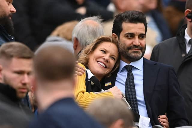 Newcastle United co-owners Amanda Staveley and husband Mehrdad Ghodoussi embrace as their Wedding anniversary is displayed on the big screen during the Premier League match between Newcastle United and Aston Villa at St. James Park on October 29, 2022 in Newcastle upon Tyne, England.