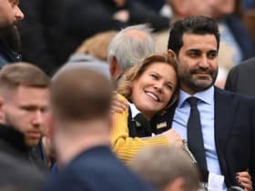 Newcastle United co-owners Amanda Staveley and husband Mehrdad Ghodoussi embrace as their Wedding anniversary is displayed on the big screen during the Premier League match between Newcastle United and Aston Villa at St. James Park on October 29, 2022 in Newcastle upon Tyne, England.