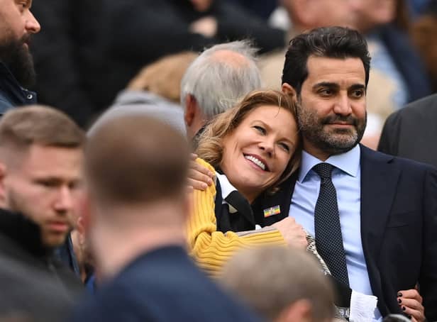 <p>Newcastle United co-owners Amanda Staveley and husband Mehrdad Ghodoussi embrace as their Wedding anniversary is displayed on the big screen during the Premier League match between Newcastle United and Aston Villa at St. James Park on October 29, 2022 in Newcastle upon Tyne, England.</p>