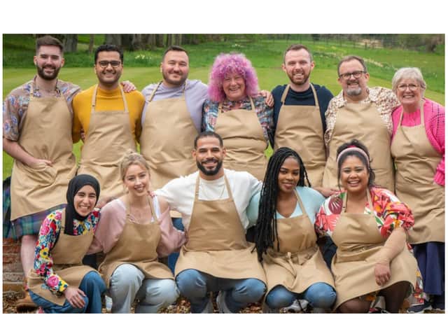 After nine weeks of baking challenges, three bakers now remain in the Bake Off final; Sandro (front centre), Syabira (front far right) and Abdul (back second from left).