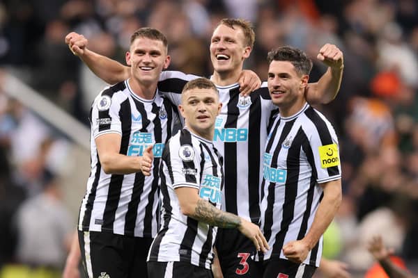 Newcastle United’s back four of Sven Botman, Kieran Trippier, Dan Burn and Fabian Schar. (Photo by George Wood/Getty Images)