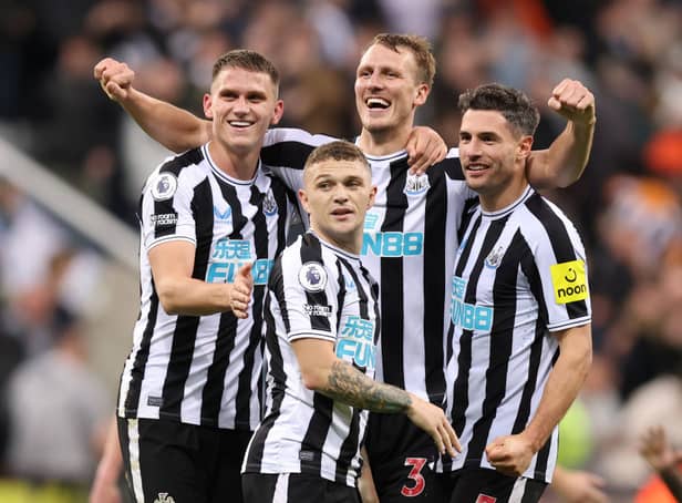 <p>Newcastle United’s back four of Sven Botman, Kieran Trippier, Dan Burn and Fabian Schar. (Photo by George Wood/Getty Images)</p>