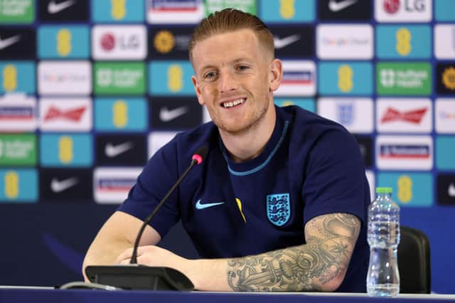 Jordan Pickford of England reacts during the England Press Conference at Al Wakrah Stadium on November 23, 2022 in Doha, Qatar.