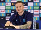 Jordan Pickford of England reacts during the England Press Conference at Al Wakrah Stadium on November 23, 2022 in Doha, Qatar.