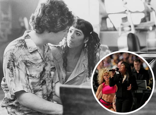 Bruno Martelli (Lee Curreri) tries to convince Coco Hernandez (Irene Cara) they should form a rock band, in a scene from 'Fame'. Inset: Irene Cara performs before the AFL Grand Final match in 2006